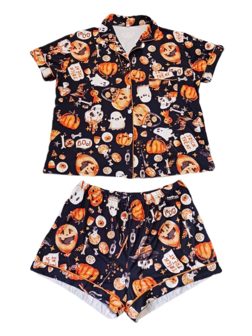 Womens 2XL Halloween Pajamas Button Down Tee & Shorts 2pc Trick Or Treat Black